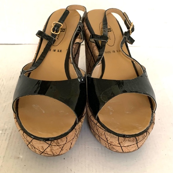 Black patent leather sandals slingback open toe lightweight platform wedges US10 - Picture 2 of 9